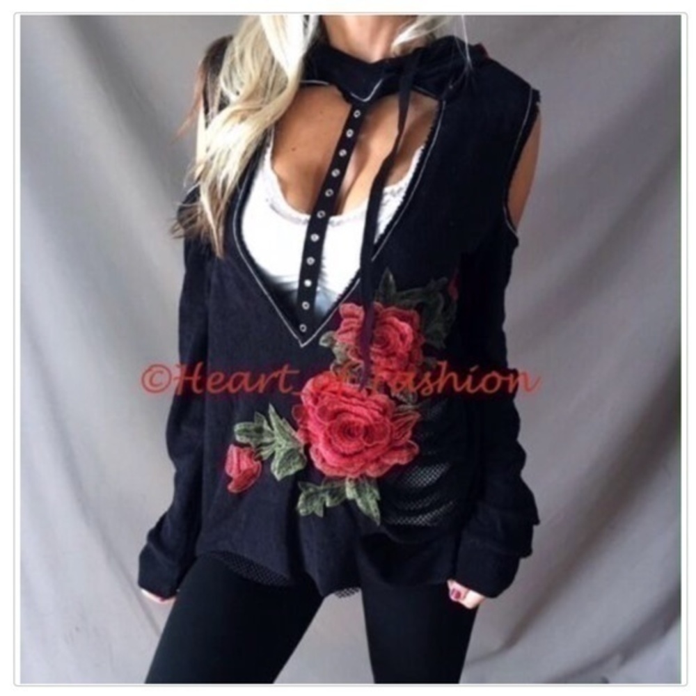 French Terry Cold Shoulder Distressed Hoodie Black